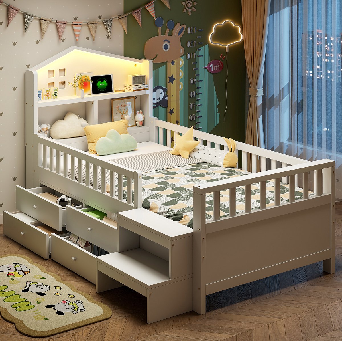 REDOM - Kinderbed - Veiligheidsgitter - Met opbergruimte en vier lades - Met LED-verlichting en USB- en Type-C-oplaadpoorten - Huisstijl - Kinderen - Hout en MDF - Wit - 212 x 116 x 101,5 cm