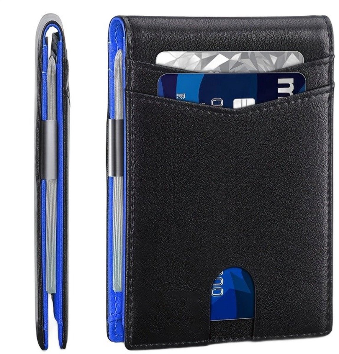 Currero Portomonee - Portemonnee Dames & Heren - RFID Anti Skim - Pasjeshouder - Klein Model - Met Rits - Kunstleer - Zwart & Blauw