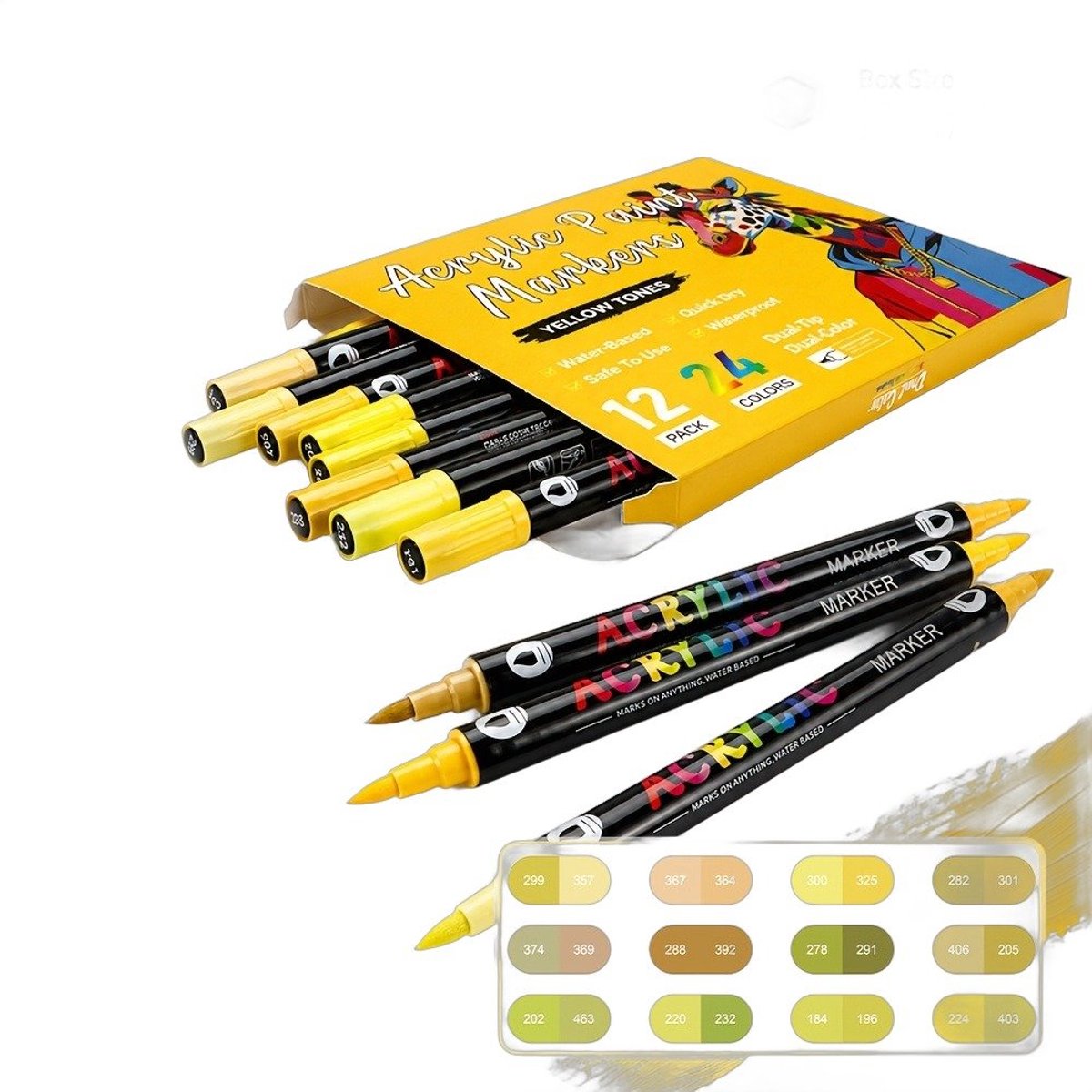 Currero Aquamarkers - Twinmarkers - Brushpennen - Stiften - Markeerstiften Op Waterbasis - Dual Tip - Tekenen En Kleuren - 12 Stuks - Art Marker Pen - Geel