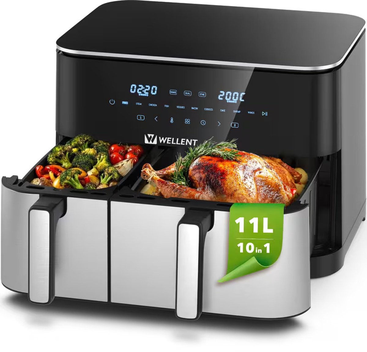 WELLENT Dual Easy Fry Airfryer 11 L – Dubbele Airfryer met 2 Baklades – 2600 W – 10 Programma’s