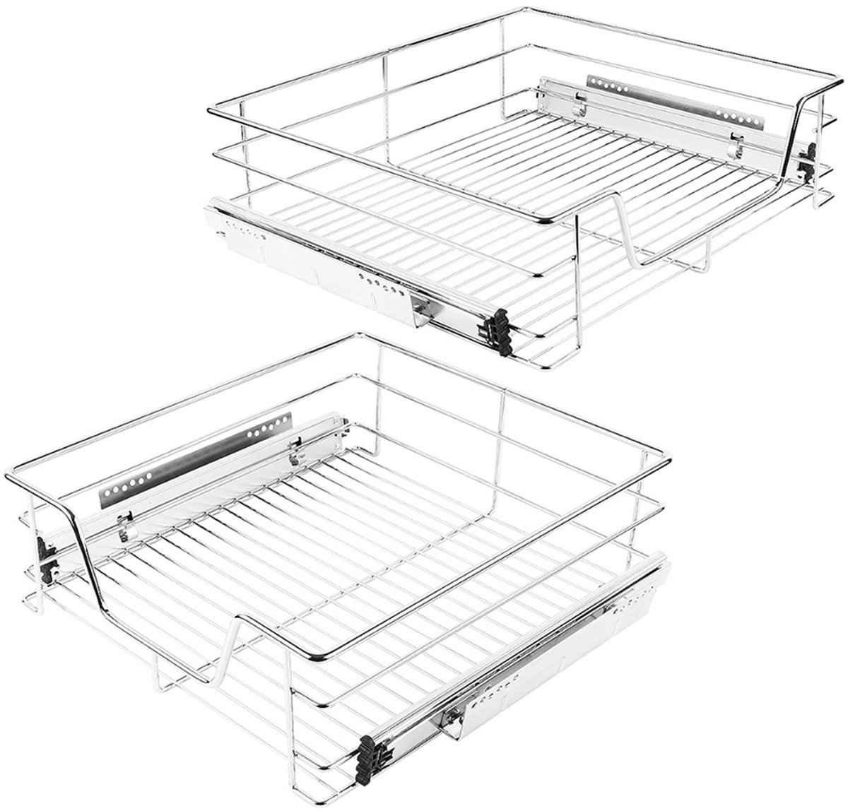 PIPIPOXER Keukenkast Organizer - Keukenladeplanken en uittrekmanden - Telescopische laden - Draadmanden - 56 cm- uittrekbaar - Gootsteenkast Organizer - zilver - Set van 2
