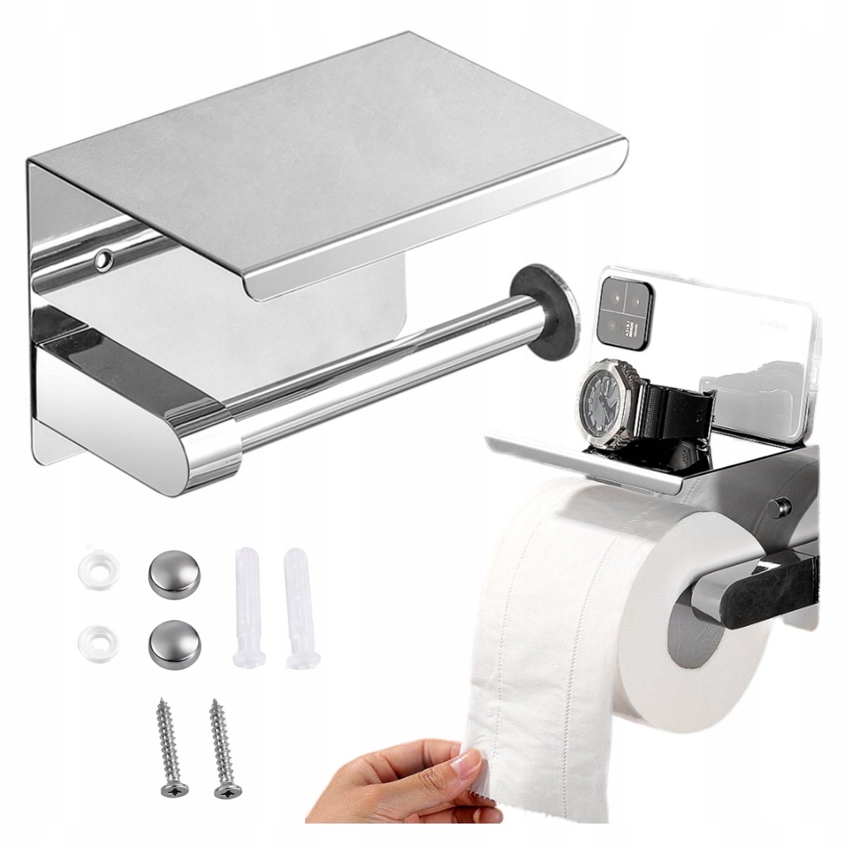 Metalen Toiletrolhouder met Plank - Zilver - Wandmontage