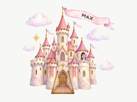 Waterverftekening van een roze kasteel met een draakje, wolken, ster en een lint met de naam Max.