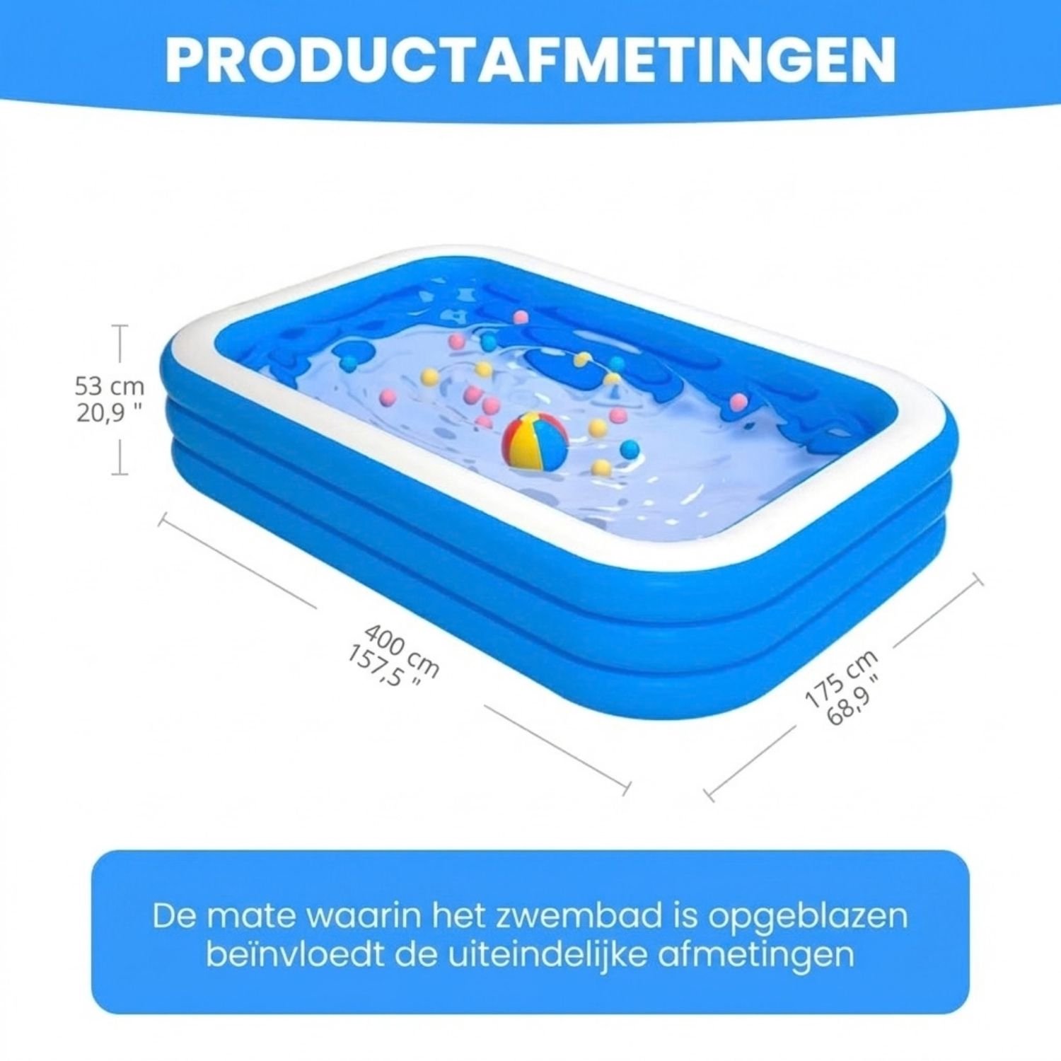Opblaasbaar kinderbad, 3 ringen, groot, rechthoekig gezinszwemcentrum - Wit en Blauw