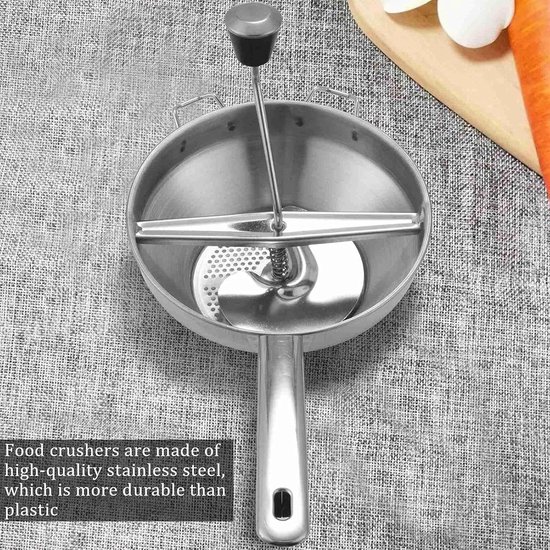 Deze roestvrijstalen keukenmachine wordt geleverd met drie maalschijven, een handmatige maalschijf en een opzetstuk voor het maken van puree. — afbeelding 4