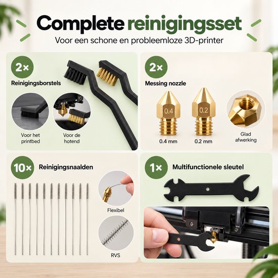 Reinigingsset voor 3D-printers met borstels, messing nozzles, naalden en een multifunctionele sleutel.