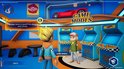 Twee geanimeerde personages staan in een kleurrijke speelhal met blauwe arcadekasten en het menu Game Modes.