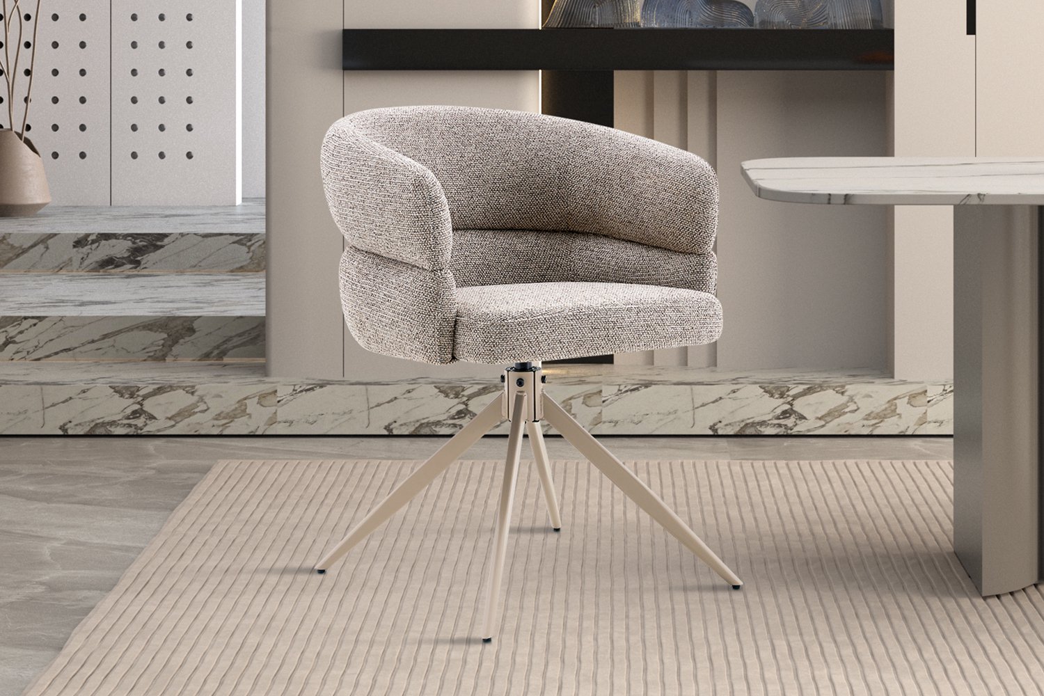 Leonie Draaibare Eetkamerstoel Pepper – 180° Auto-Return – Beige Metalen Kruispoot
