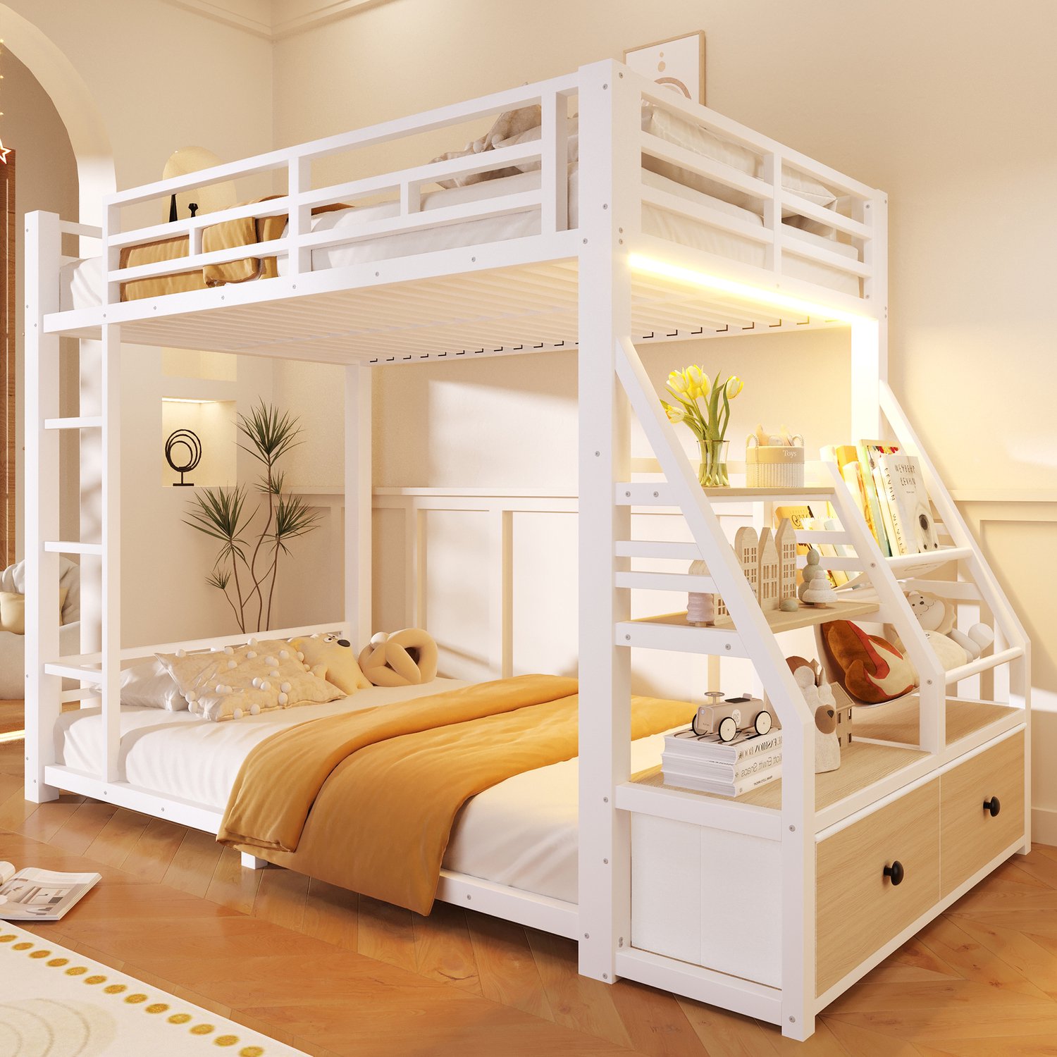 Metalen stapelbed (90x200cm) met LED-verlichting, Kinderbed, Eenpersoonsbed, met 2 stoffen lades