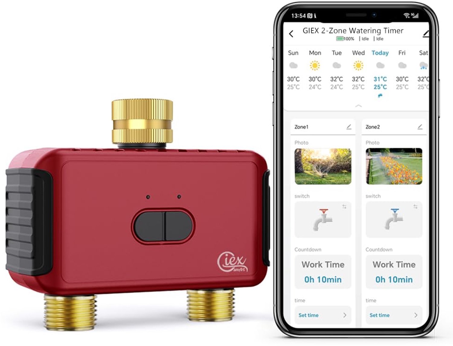 WiFi bewateringstimer met 2 zones, slimme tuinirrigatiecontroller voor tuinslangen, compatibel met en