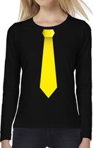 Stropdas geel long sleeve t-shirt zwart voor dames- zwart shirt met lange mouwen en stropdas bedrukking voor dames XS