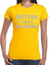 Glitter and Glamour zilver glitter tekst t-shirt geel dames XS