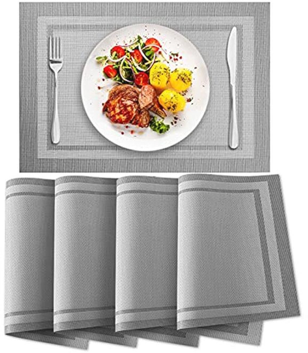 Wasbare placemats 30 x 45 cm - set van 4 - hittebestendig en antislip - grijs