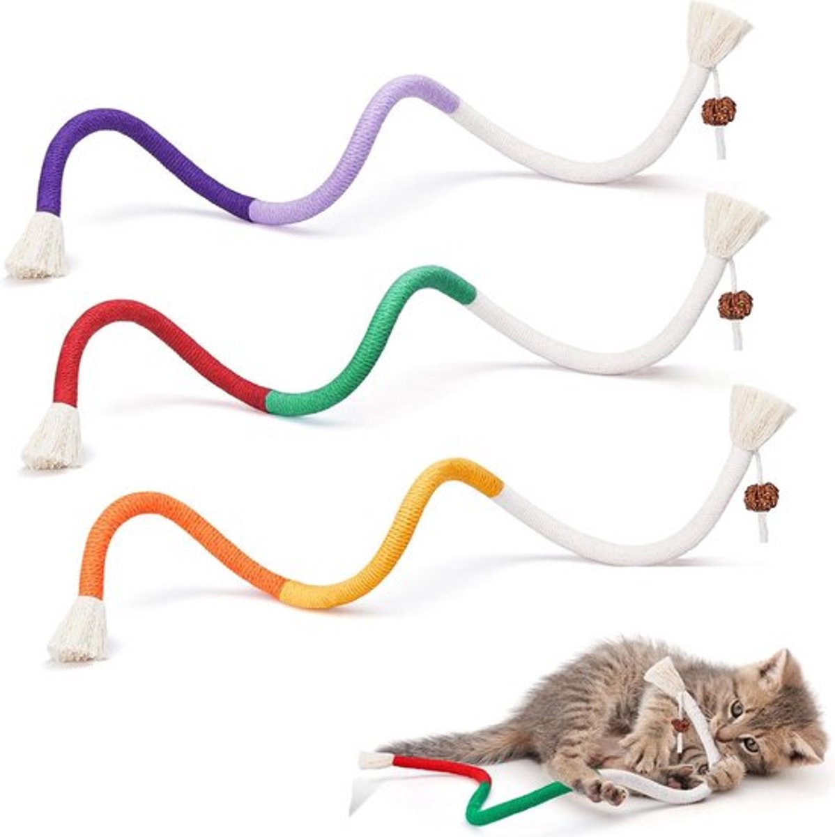 Daity 3-pack - 3 kleuren - Kauwkoorden voor kattenspeelgoed - Navulbaar natuurlijk kattenkruid - Veilig speelgoed voor het reinigen van de tanden van binnenkittens - Interactief kattenkruidkittensspeelgoed voor alle rassen