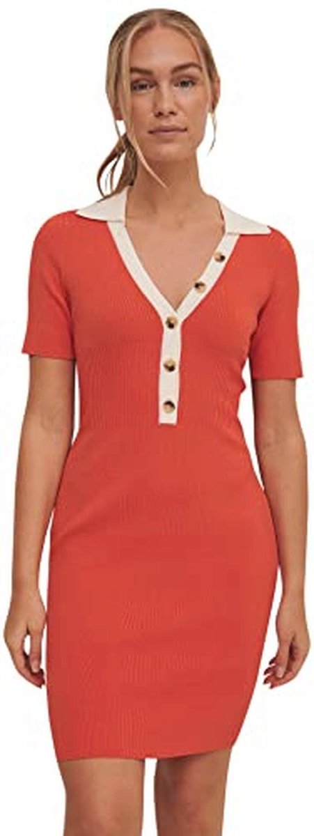 Gebreide V-hals Mini-jurk voor Dames met Korte Mouwen en Geribde Details