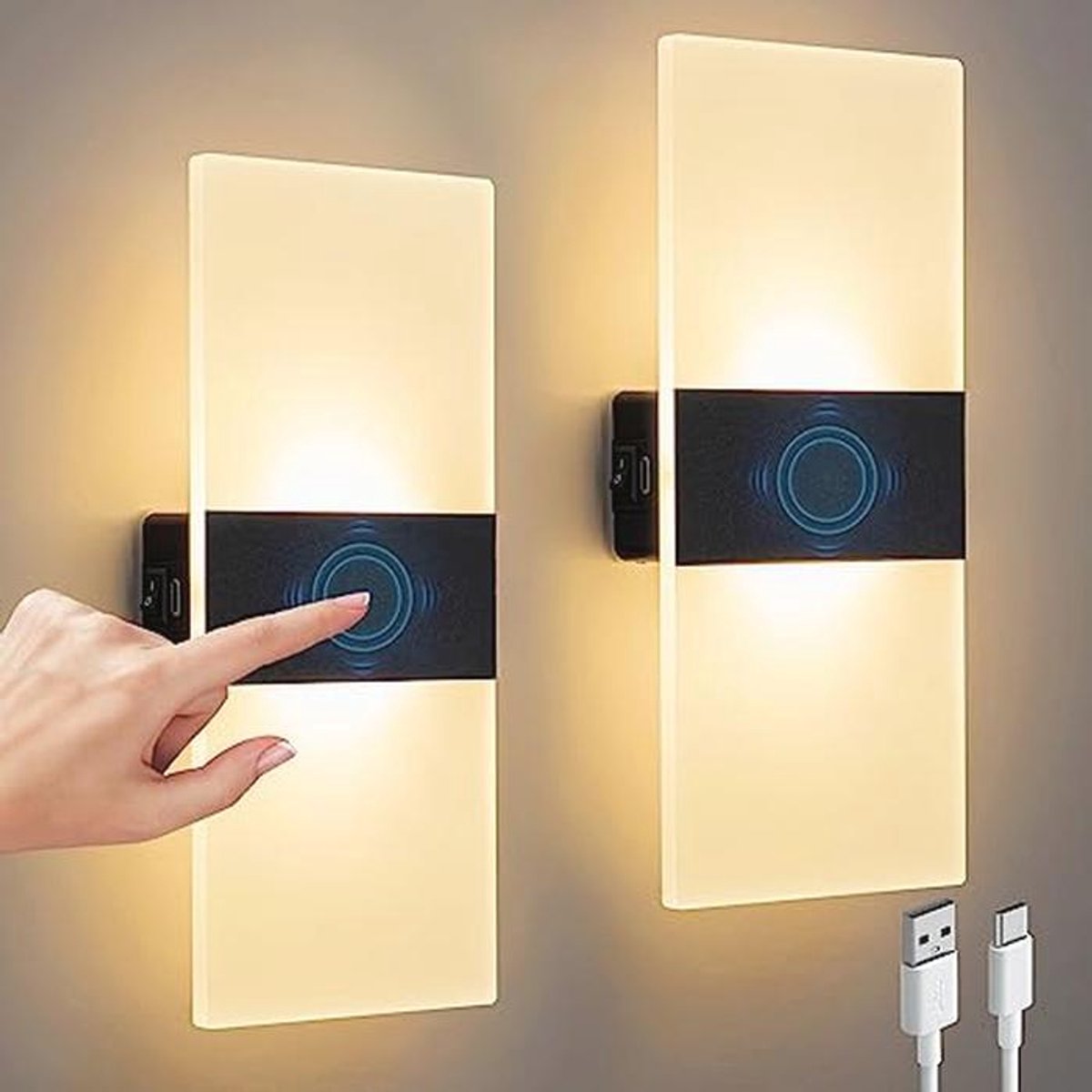 Moderne wandlampen met aanraakbediening en dimbare helderheid, 2 stuks, draadloze wandverlichting voor slaapkamer, woonkamer en gangen