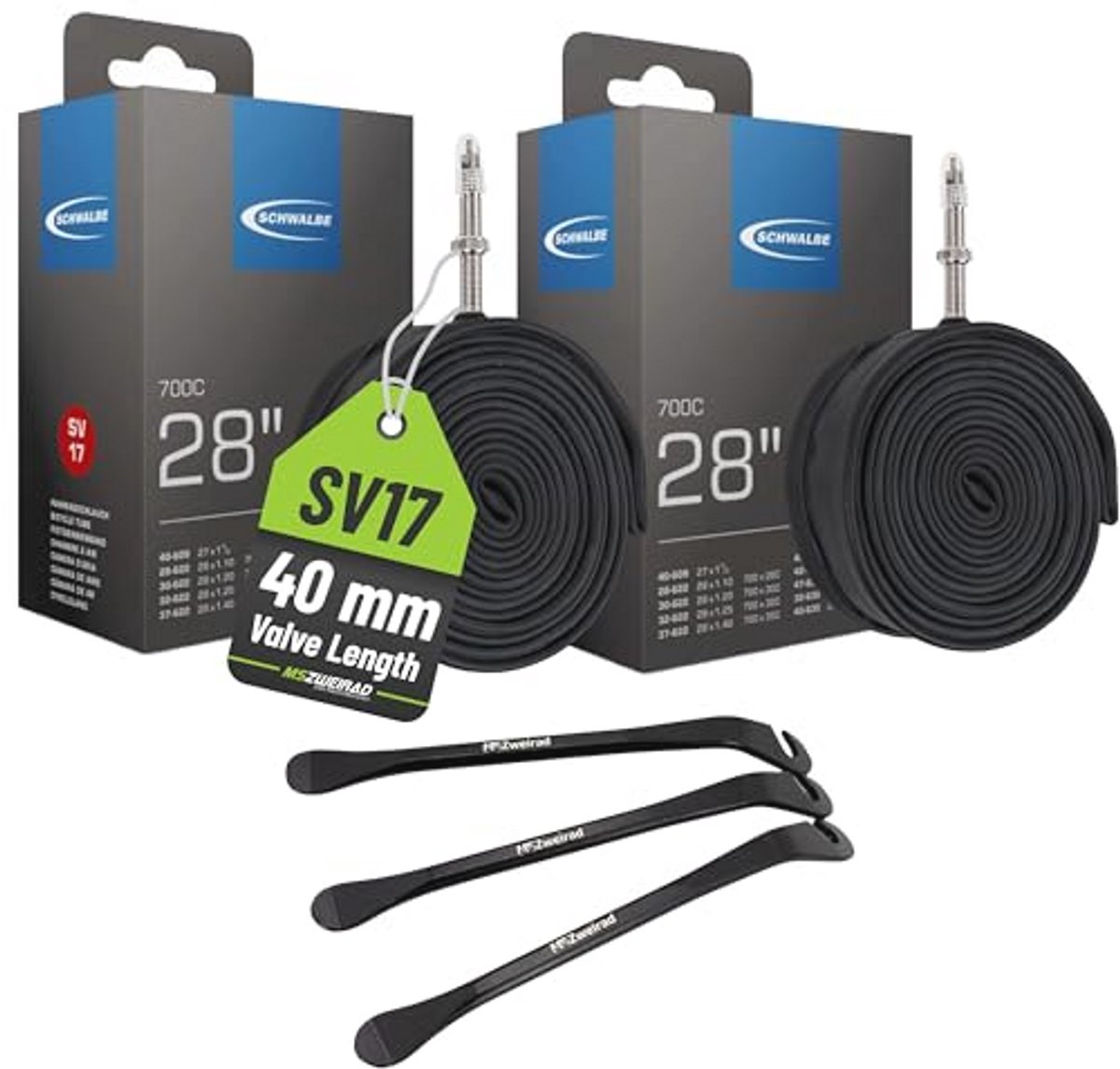 Set van 2 fietsbinnenbanden 28 inch met 40 mm ventiel en bandenlichters