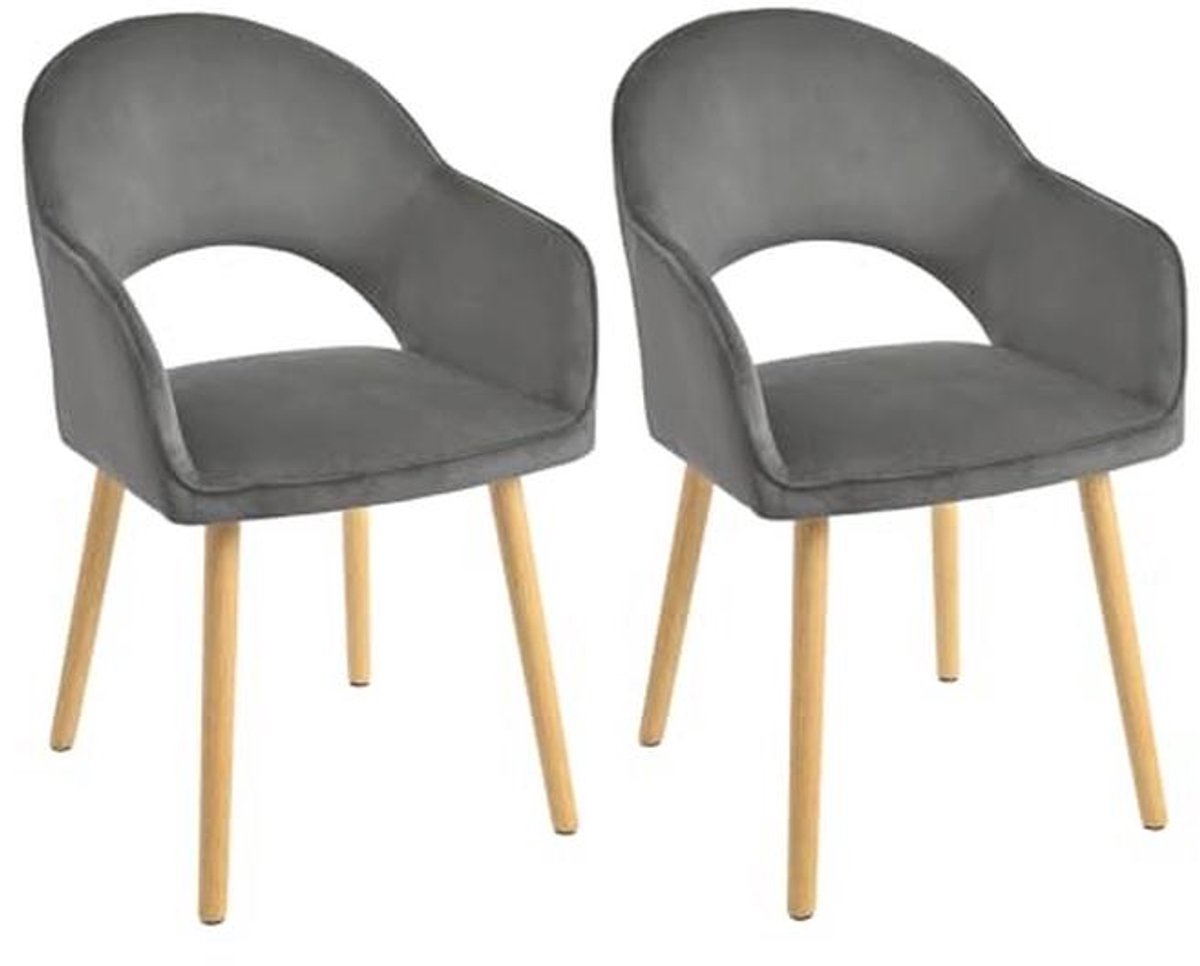 Set van 2 Donkergrijze Eetkamerstoelen met Armleuningen - Gestoffeerde Velours Keuken- en