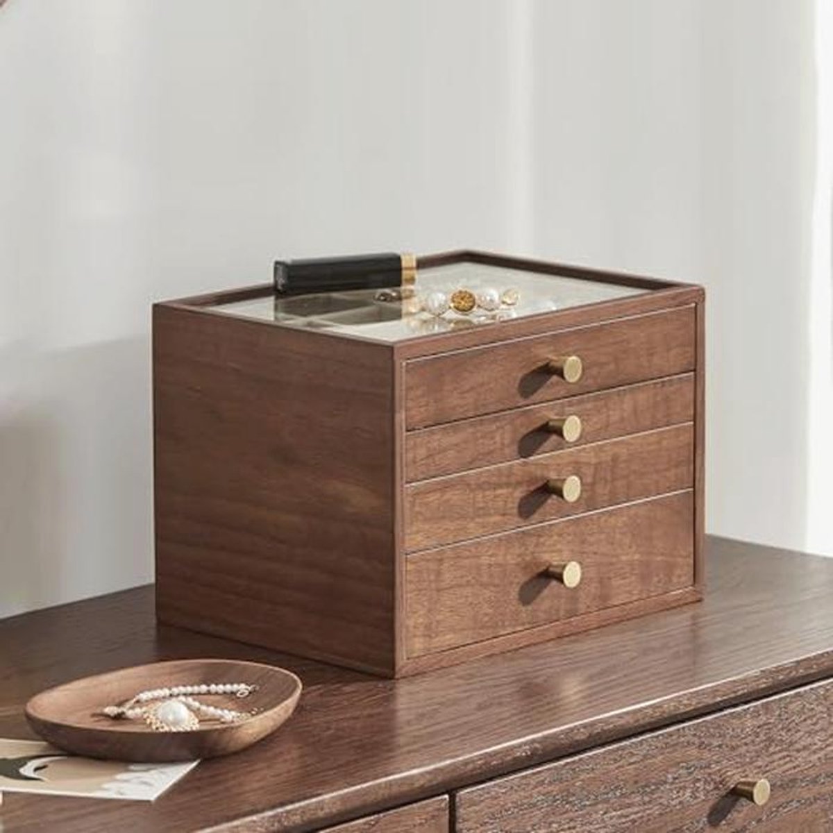 Grote Zwarte Walnoot Houten Sieraden Doos - 4-Layer Organizer met Glazen Deksel voor Ringen, Kettingen, en Horloge - Perfect voor Moederdag