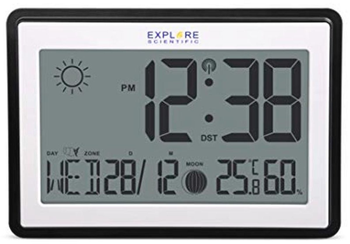 Digitale radiogestuurde wand- of tafelklok met maanfasen, weersvoorspelling en binnentemperatuur, zwart