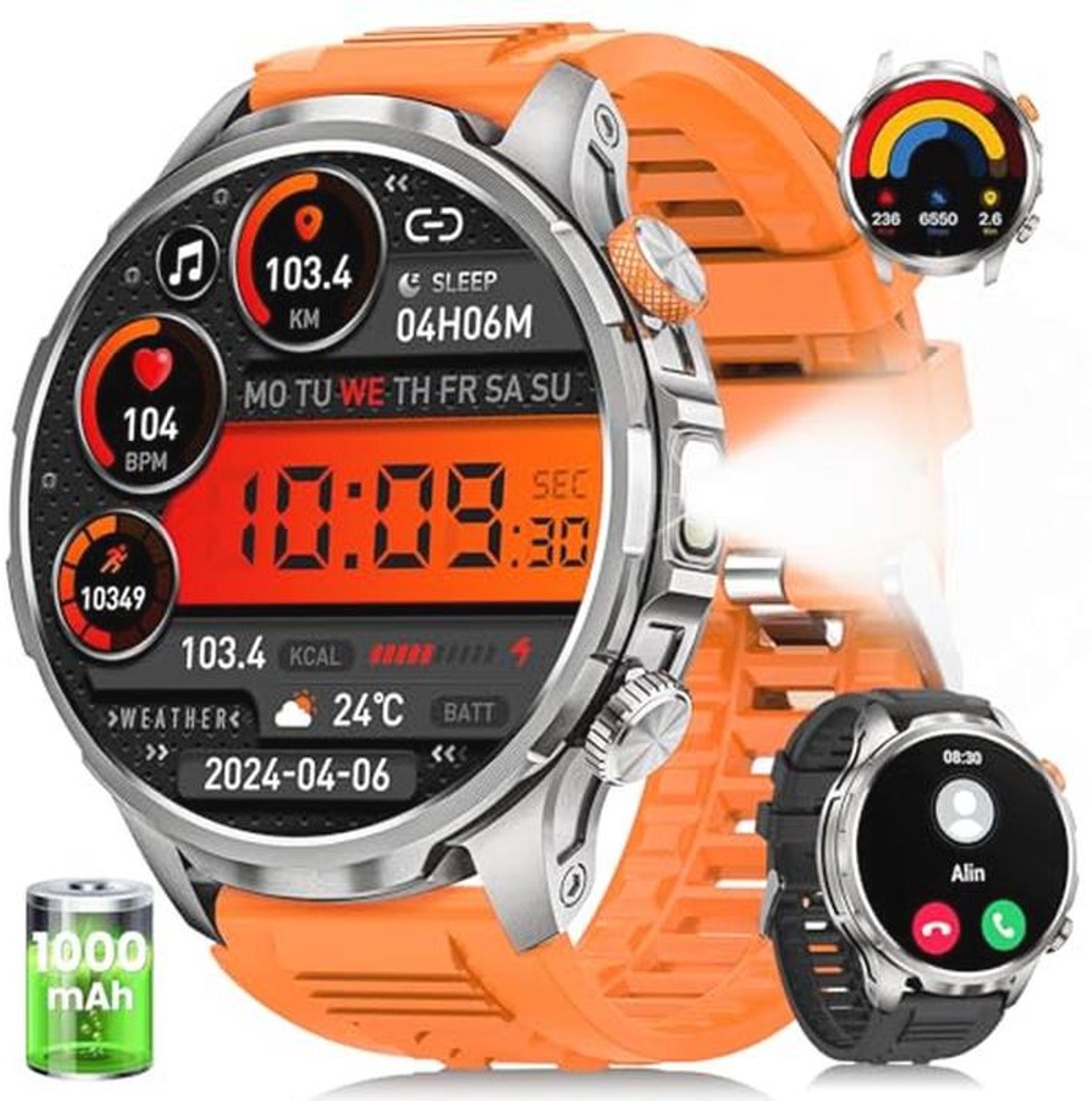 Militaire smartwatch voor heren met 1000 mAh accu, 113 sportmodi, 5 ATM waterdicht en telefoonfunctie