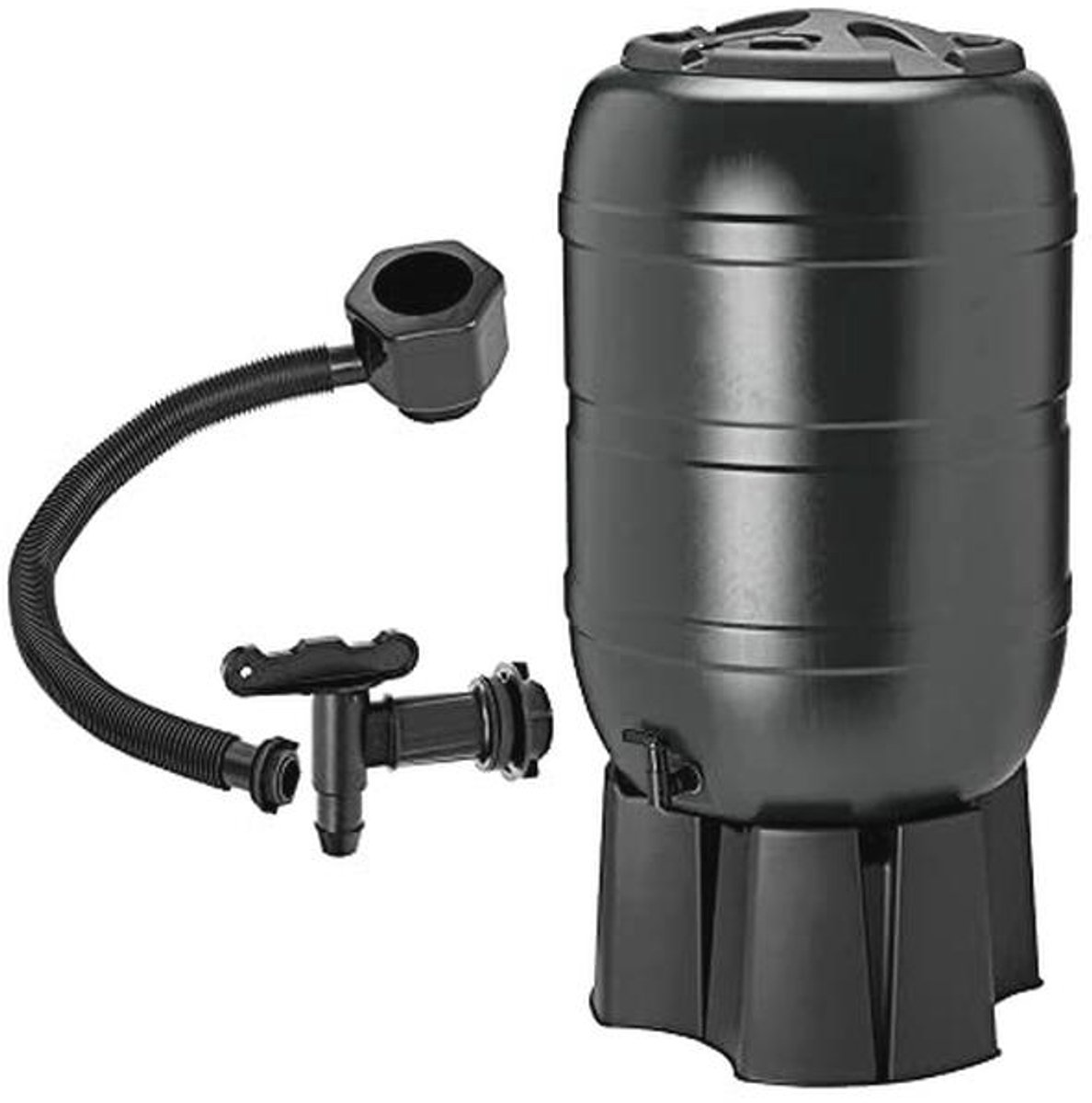 Grote zwarte 210 liter watercollector met standaard en kraan voor regenwateropvang