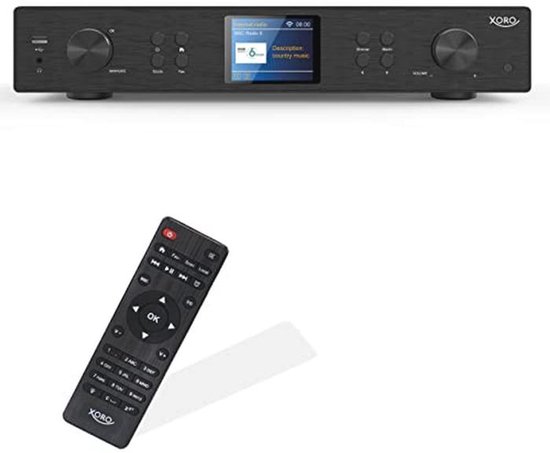 Zwarte radio-ontvanger met display, knoppen en een afstandsbediening.