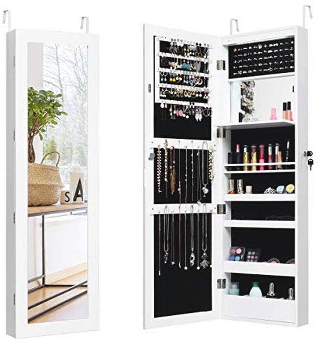 Sieradenkast met Spiegel en LED Verlichting - Wandmontage en Inklapbare Plank (Wit)