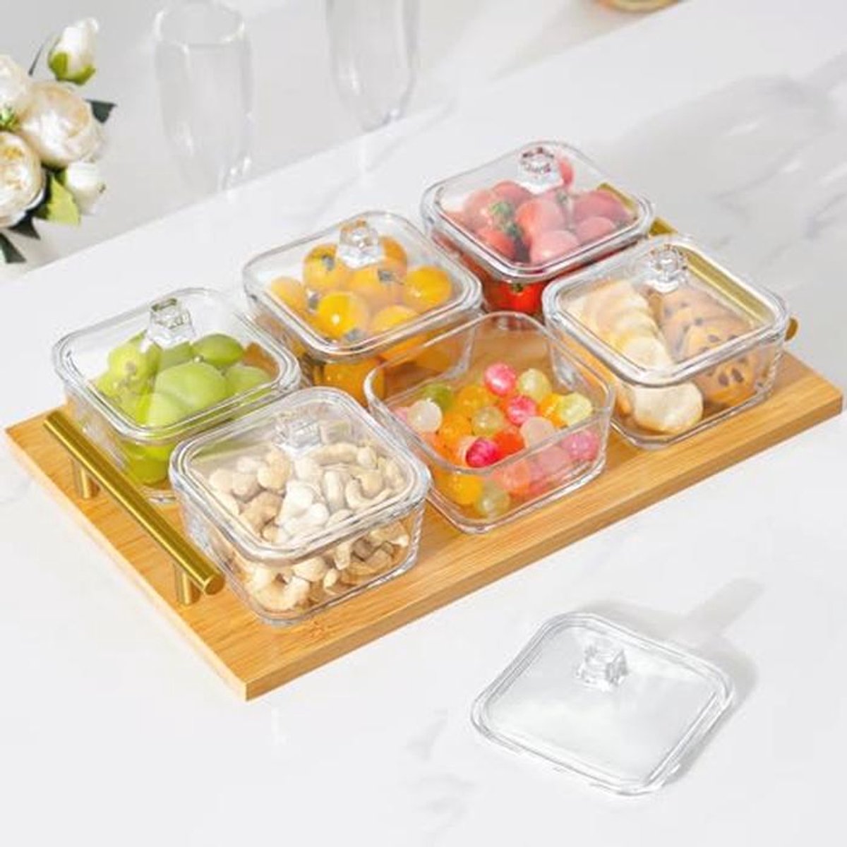 Glazen Serveerplaten met Bamboe Dienblad Set