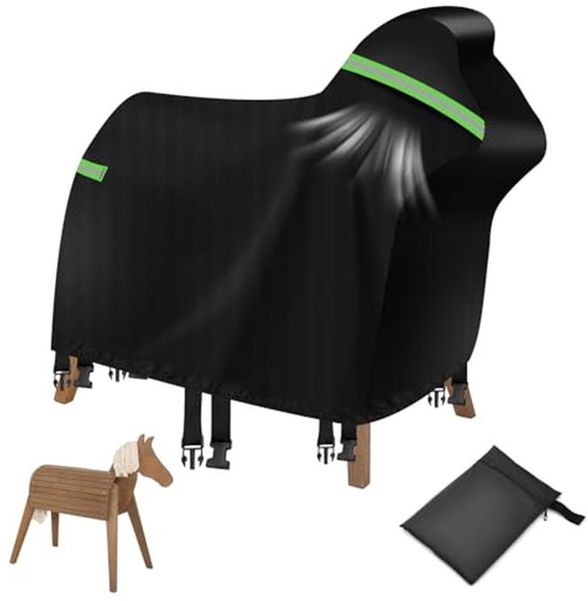 Waterdichte afdekking voor houten paard - 160 x 110 x 70 cm, duurzaam en universeel zeil met reflecterende strepen
