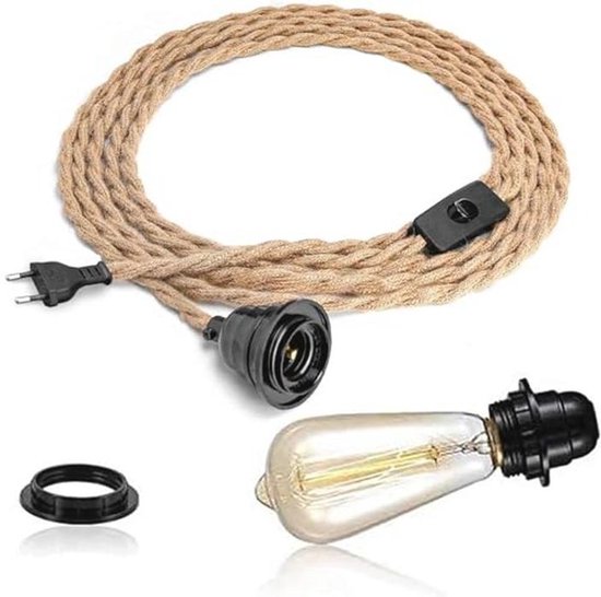 E27 Vintage Lampkabel Hanglamp met Schakelaar en Stekker - Henneptouw-Set voor Loft-Lagers, Doe-Het-Zelf Enkele Kop Kabel met Lampfitting (B