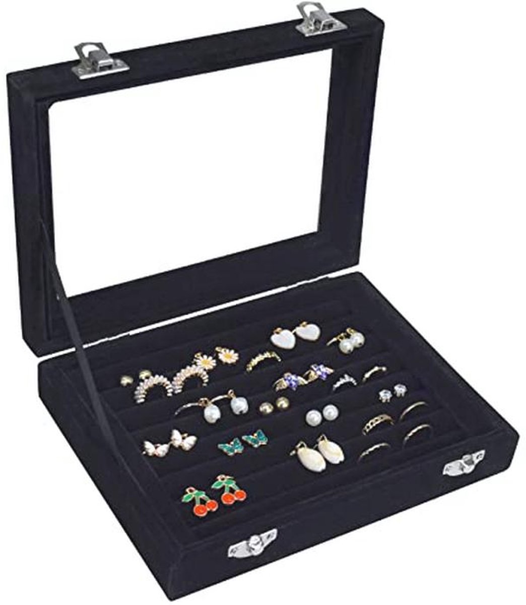 Organizer Tray voor Sieraden met 7 Slots – Fluwelen Oorbellen Opbergdoos met Transparant Deksel