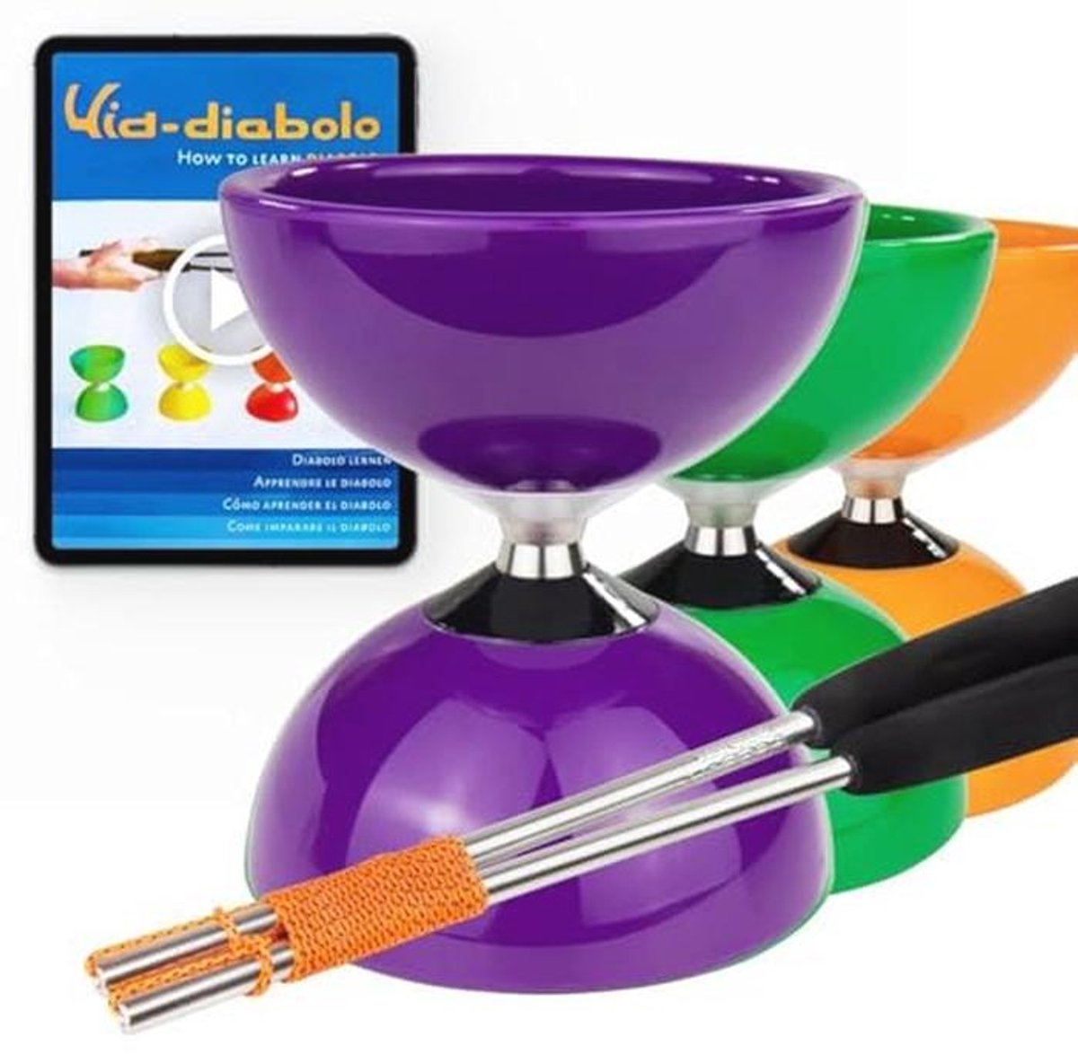 Diabolo Juggling Set met Drievoudige Kogellageras, Aluminium Handsticks en Online Leren Video - Paars