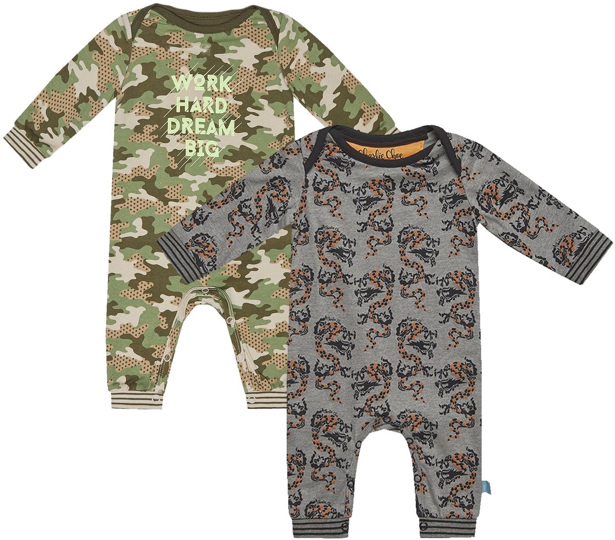 Charlie Choe - 2pack - Grijs - Bruin Boxpak - Salopette - Kruippakje - Babypakje - Jumpsuit - Geboortepakje - Romper - Camo - Draken - Maat 56