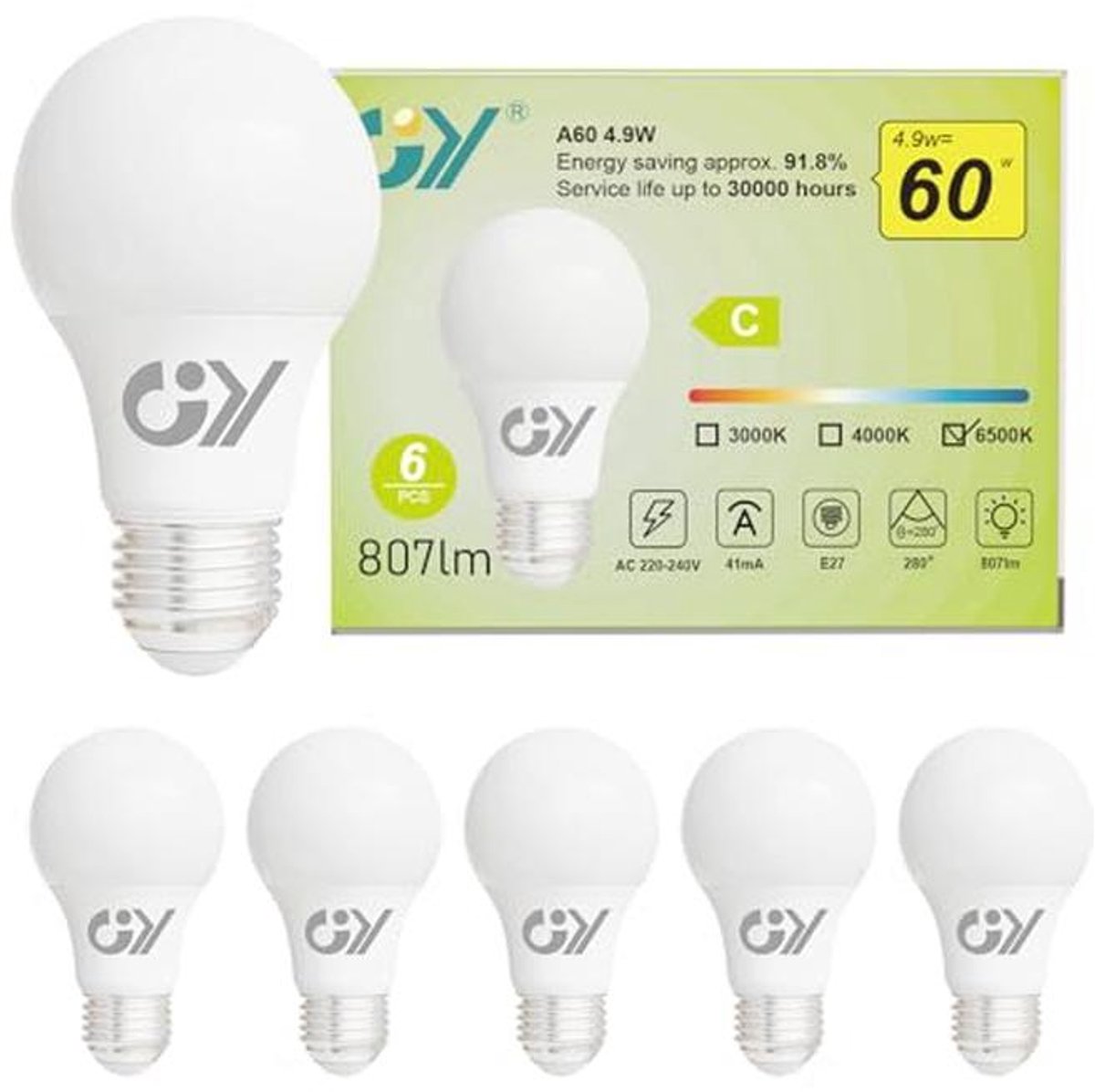 Led Lamp E27 Niet-Dimbaar 4,9W - 807 Lumen - Verpakking van 6 Stuks