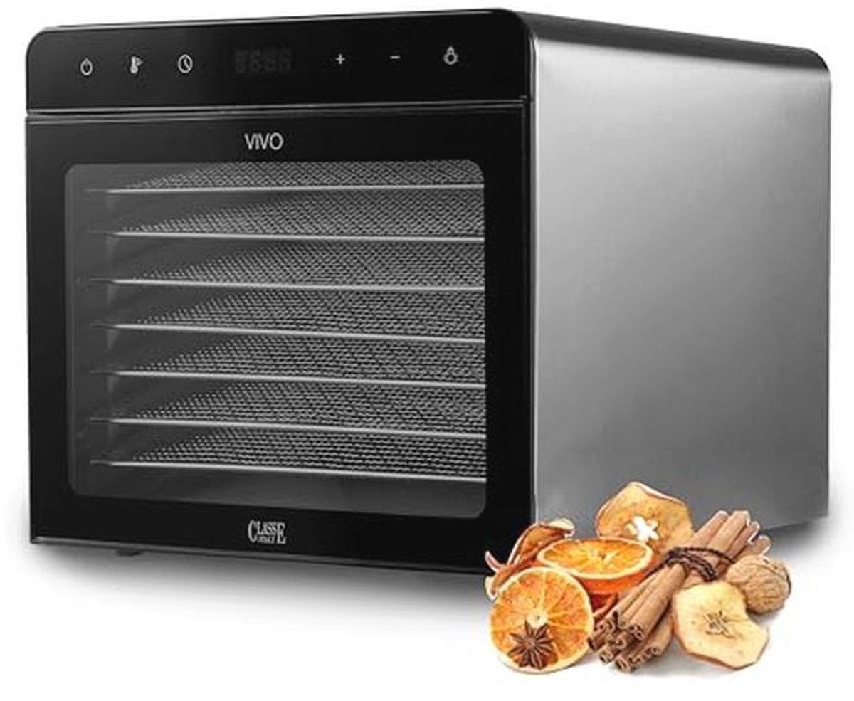 Voedseldroger met laag energieverbruik en 8 roestvrijstalen schalen, instelbare temperatuur 30-75 °C, 24-uurs timer en BPA-vrij