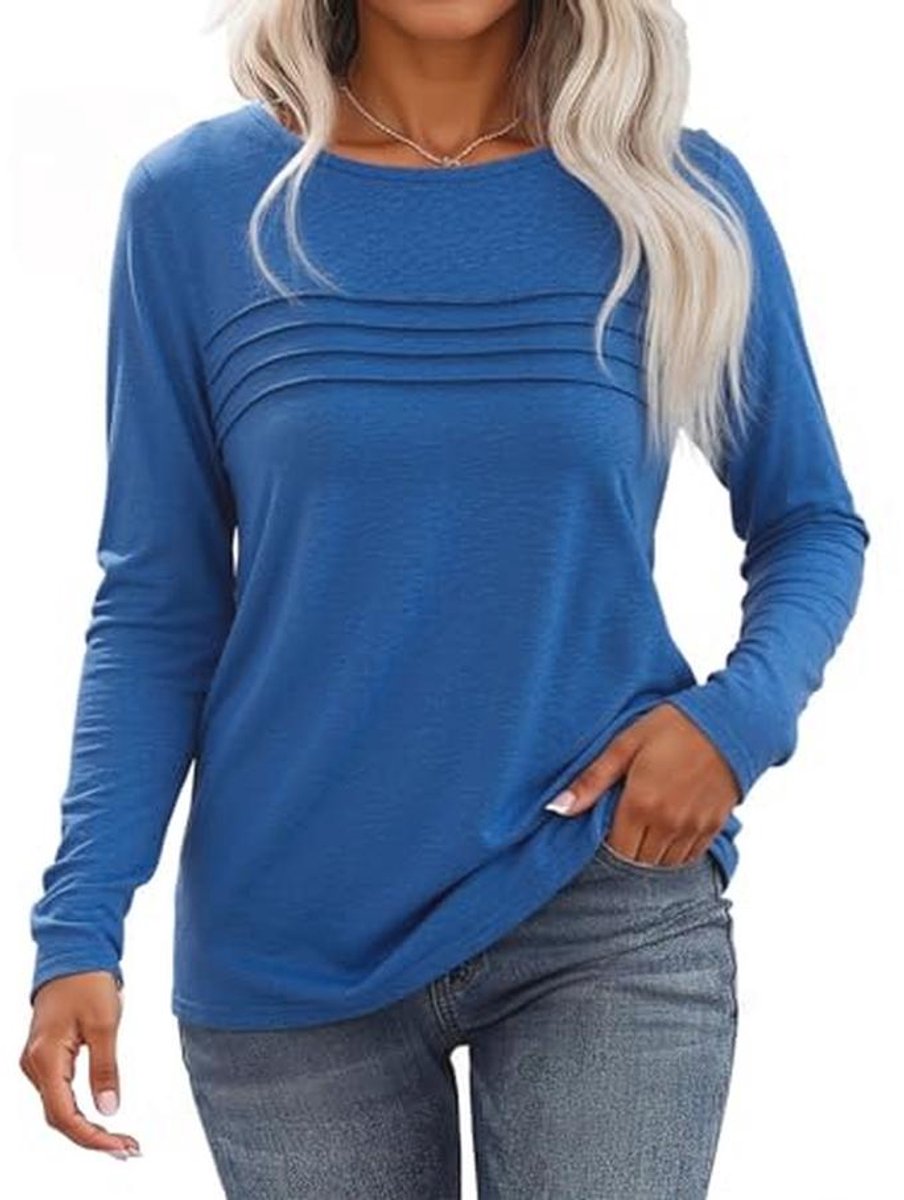 Elegant dames T-shirt met lange mouwen van katoen - Casual plissé design, ronde hals