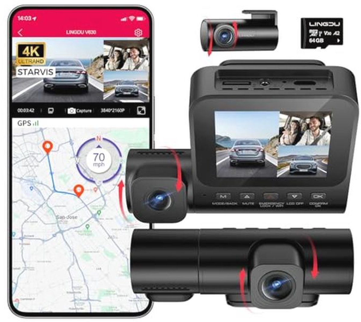 Dashcam 4K + 1080p met GPS en nachtzicht