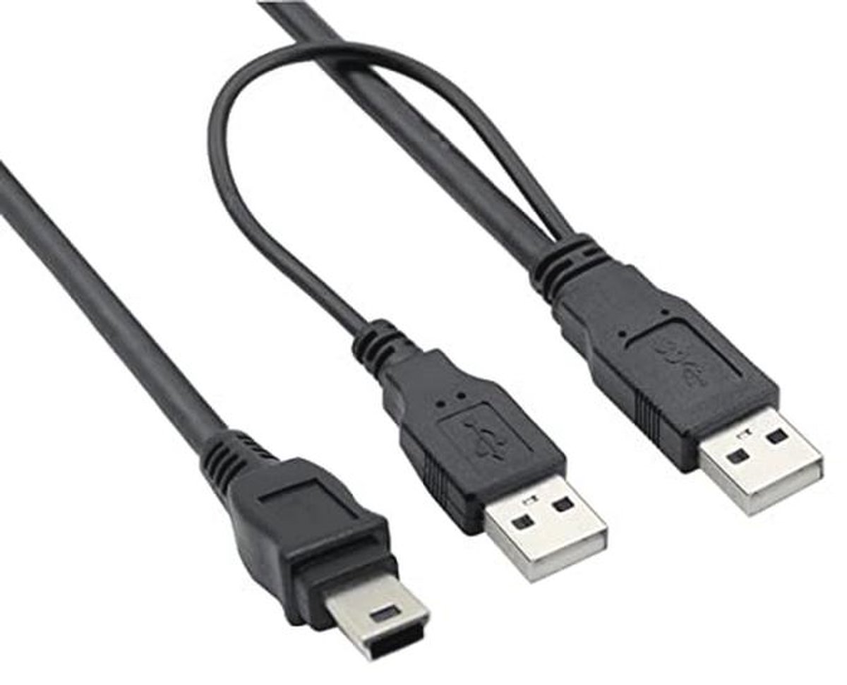 Dubbele USB 2.0 data- en voedingskabel - 2x USB-stekker naar Mini-USB (50 cm)