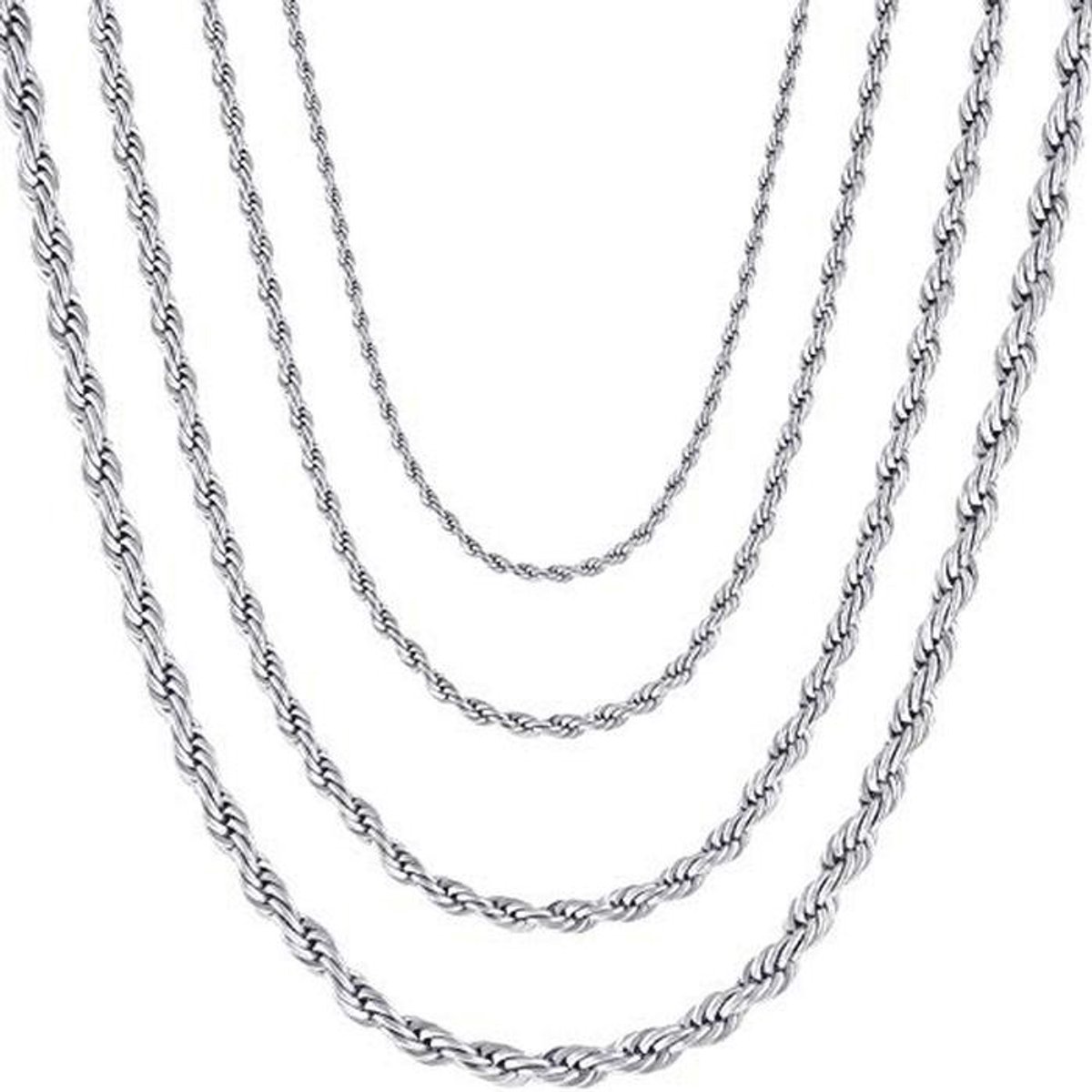Halsketting voor heren en dames, roestvrij staal, gedraaide ketting, breedte 2,4-4,0 mm, lengte 45-75 cm, zilver