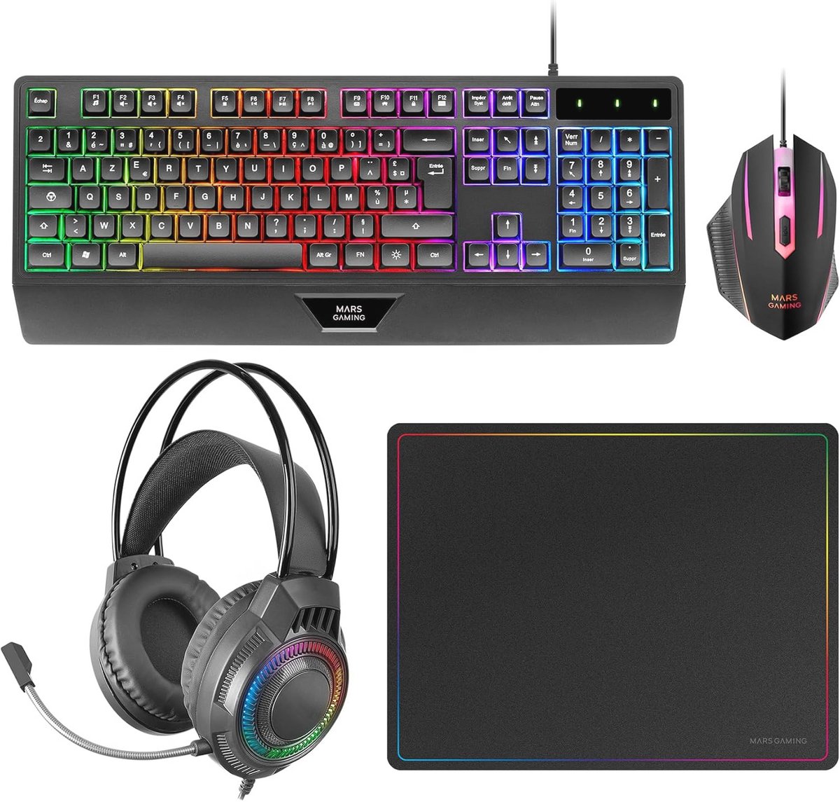 Gaming Combo 4-in-1 Toetsenbord en Muis met RGB Verlichting, Hoofdtelefoon en Muismat