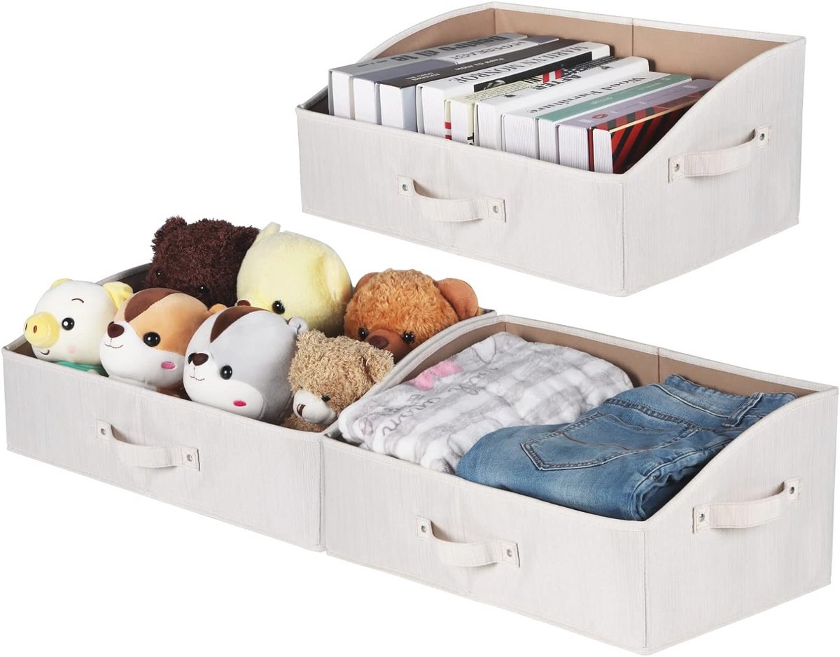 Trapeziumvormige opbergbakken voor kastplanken - Set van 3 - Beige Bamboestof en MDF
