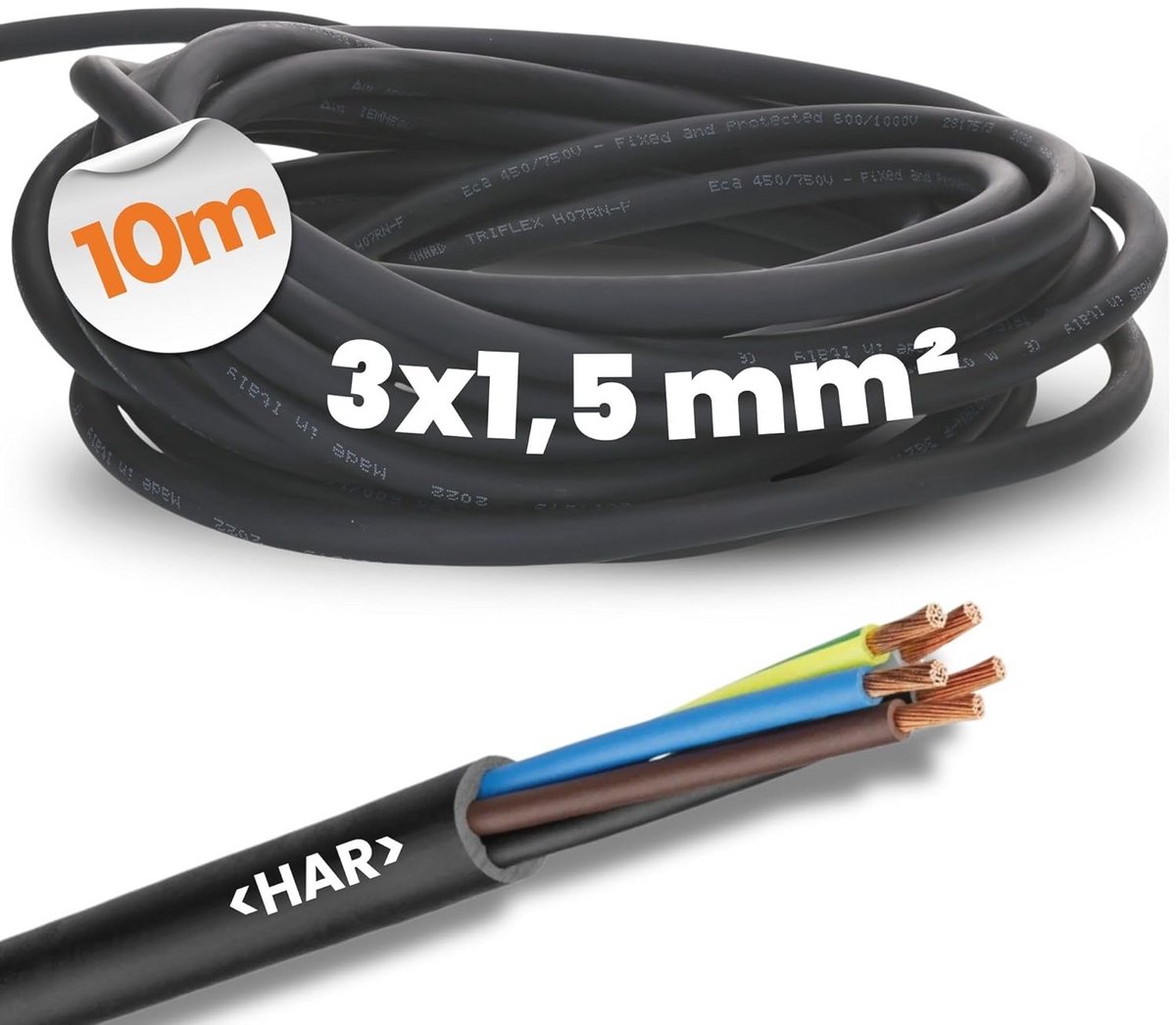 Flexibele rubberen kabel 10 meter 3 x 1,5 mm² UV-bestendig, oliebestendig en vlamvertragend