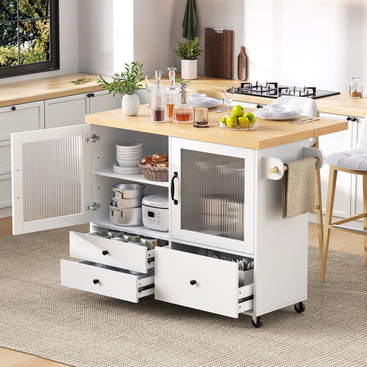 Sweiko Keukenkast - Wielen - Opklapbaar tafelblad - Glazen deuren - 3 lades - Dressoir - Wit