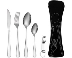 Gigicial Reisbestekset - Reisbestek Met Etui - Sterk Roestvrij Staal Lepel Vork Mes Draagbaar En Stofvrij Opbergen - 5 Stuk - Voor Reizen Camping En Kantoor Zilver