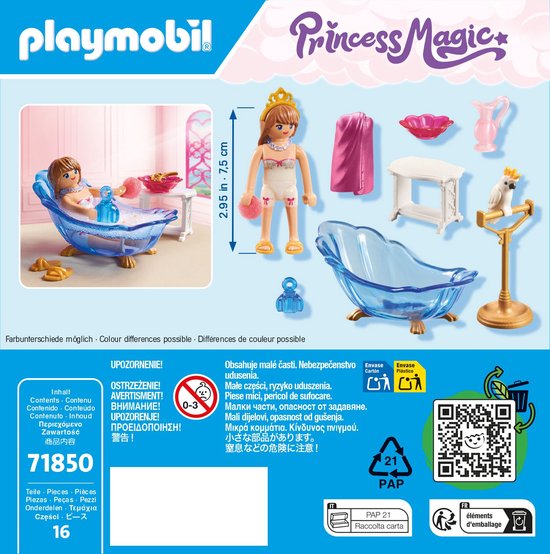 Playmobil prinsessenbad met prinses, accessoires, papegaai en badkuip.