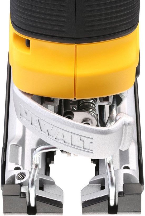 Close-up van de basis van een gele DeWalt decoupeerzaag met zilverkleurige details.