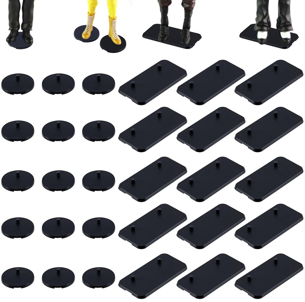 100 stuks 2 stijlen plastic actiefiguur display voetmodel ondersteuningsstandaard met pen voor display DIY projecten figuren, plat, rond en rechthoekig, zwart