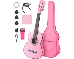 30-Inch Klassieke Gitaar Starter Set, Houten Akoustische Gitaar voor Beginners, Inclusief Nylon Snaren, Draagzak, Riem, Tuner, Extra Snaren, Picks en Capo, Ideaal voor Kinderen en Studenten, Roze
