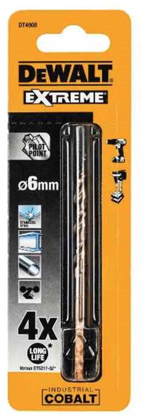 Emballage DeWalt avec mèche à métaux dorée, 6mm.